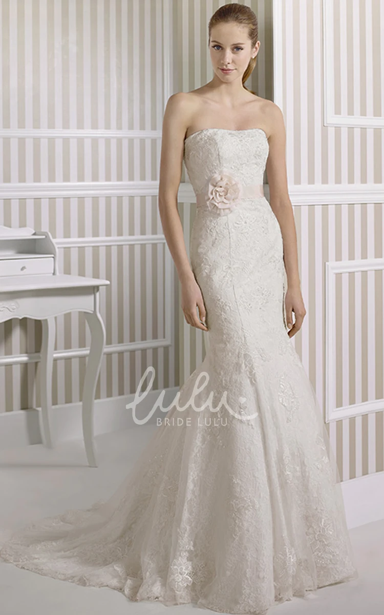 Strapless Lace Sheath Wedding Dress with Flower and Bow Applique