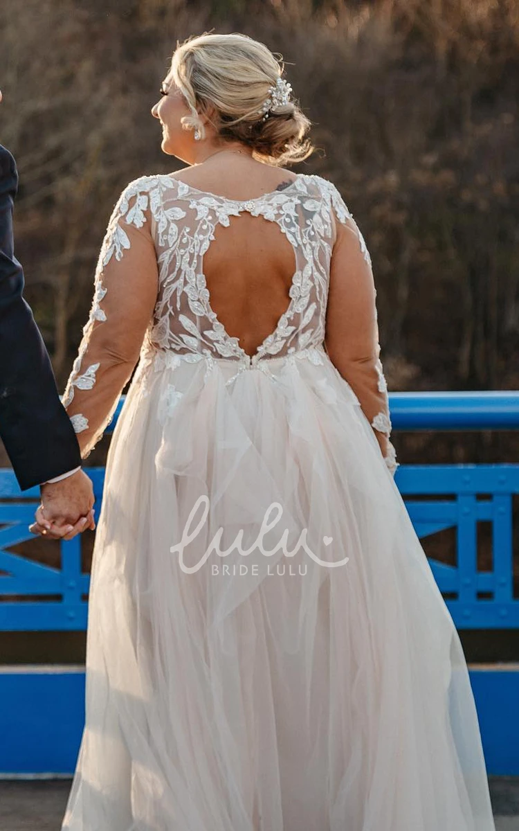 Luxury Plus Size A-Line V-neck Illusion Sleeves Appliques Country Wedding Dress
