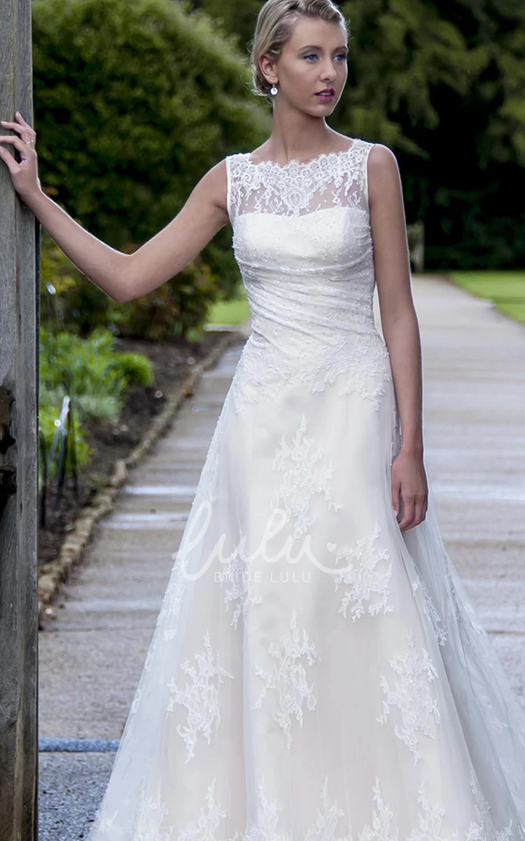 Bateau-Neck A-Line Lace Wedding Dress with Sleeveless Design