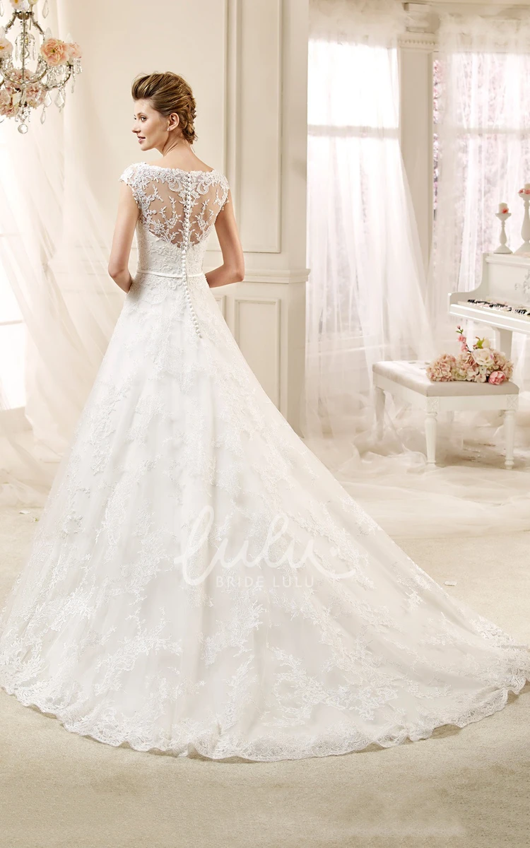 A-line Lace Wedding Gown with Cap Sleeves Appliques and Jewel Neckline