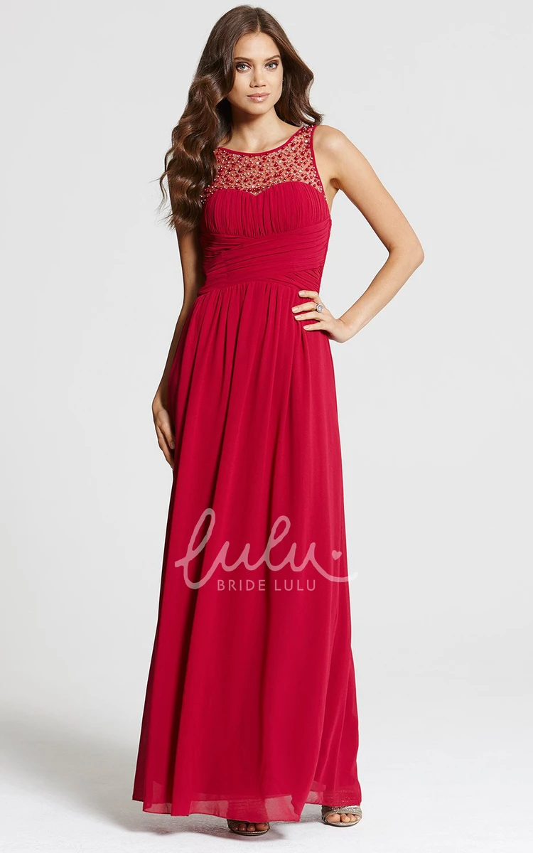 Ruched Sleeveless Chiffon Bridesmaid Dress with Beading Flowy Floor-Length Scoop Neck
