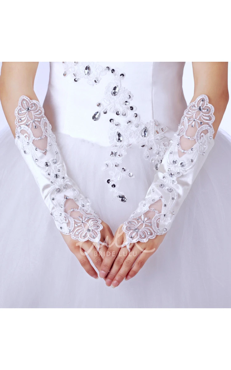 Elegant Satin Mesh Embroidered Wedding Dress Gloves Diamond Hollow