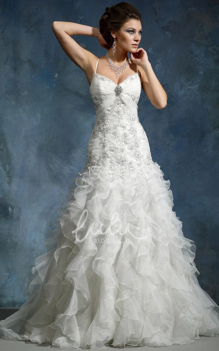 Cascading-Ruffle Organza A-Line Wedding Dress with Broach and Beading Unique Bridal Gown