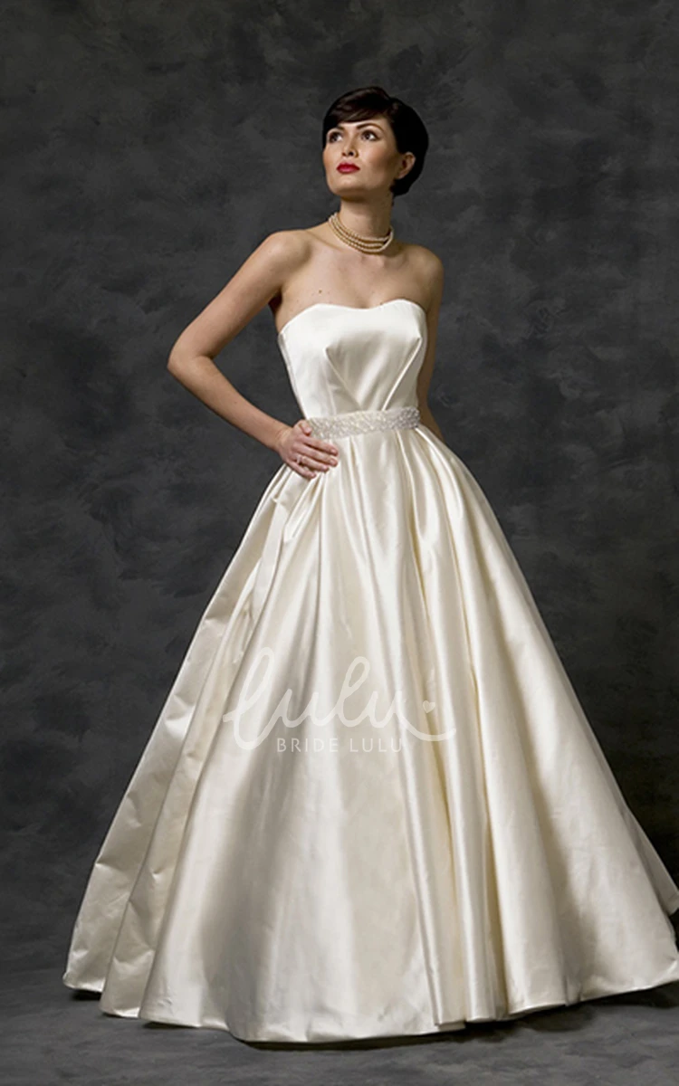 Jeweled Strapless Satin A-Line Wedding Dress with Backless Style Floor-Length