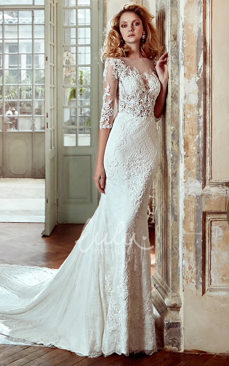 Illusive Appliqued Sheath Lace Wedding Dress with Court Train Elegant Bridal Gown