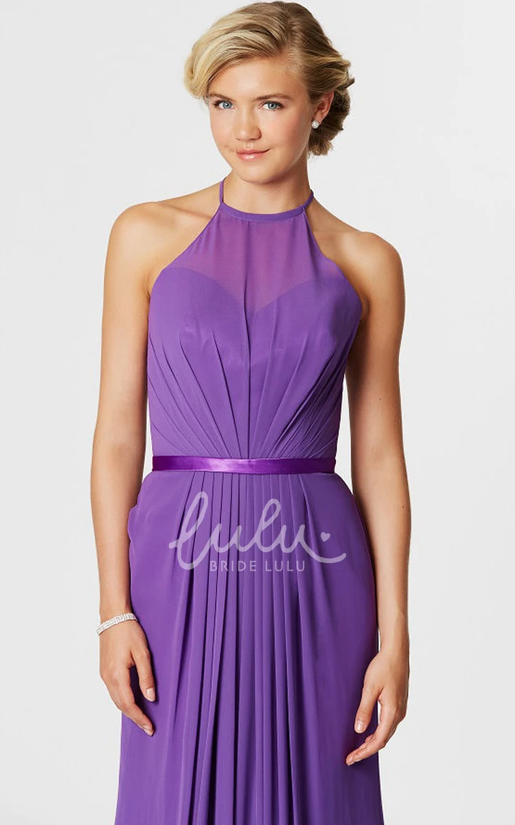 High Neck Sleeveless Chiffon Bridesmaid Dress with Ribbon and Ruching Knee-Length