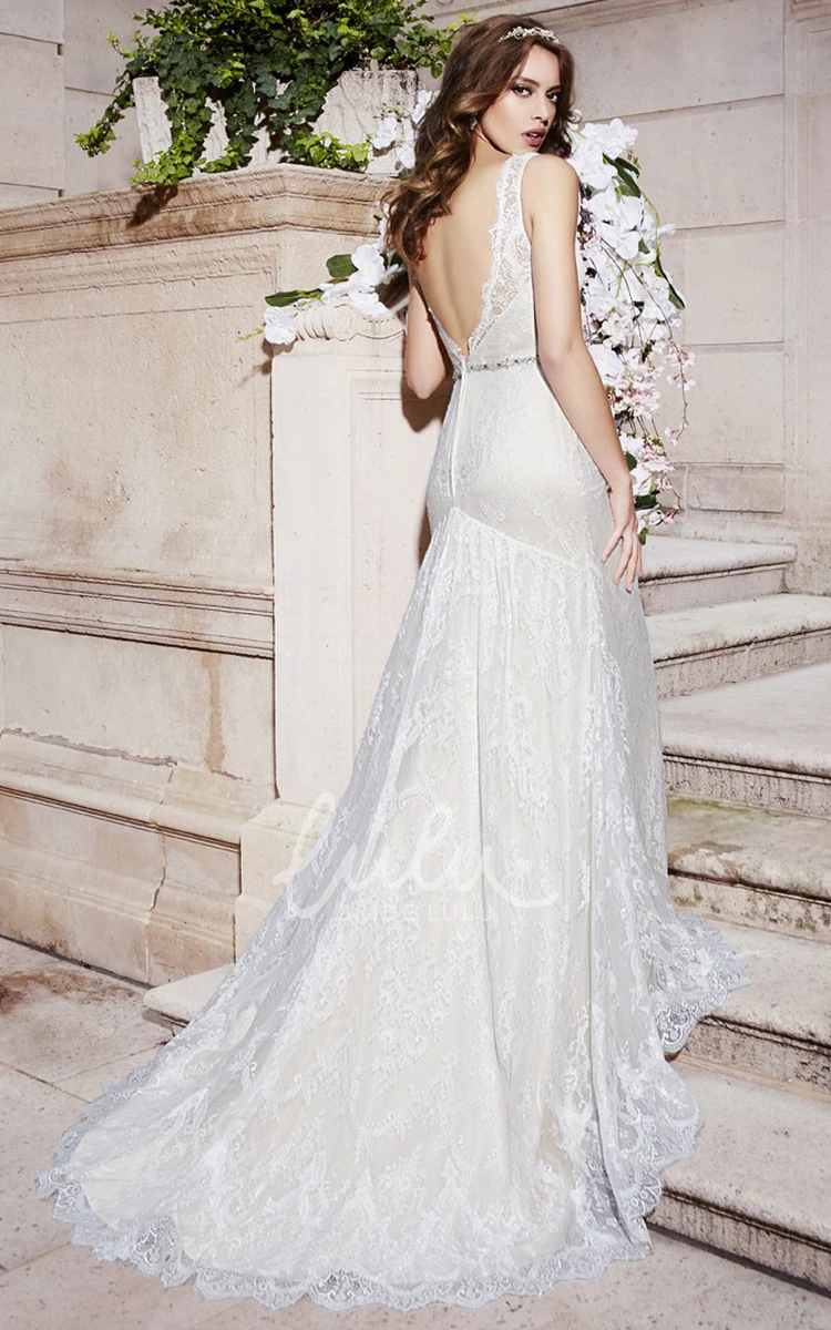 Lace Sleeveless Sheath Wedding Dress with Deep-V Back and Waist Jewelry