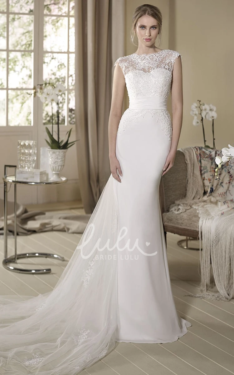 Cap-Sleeve Jewel-Neck Appliqued Tulle Sheath Wedding Dress Modern Bridal Gown