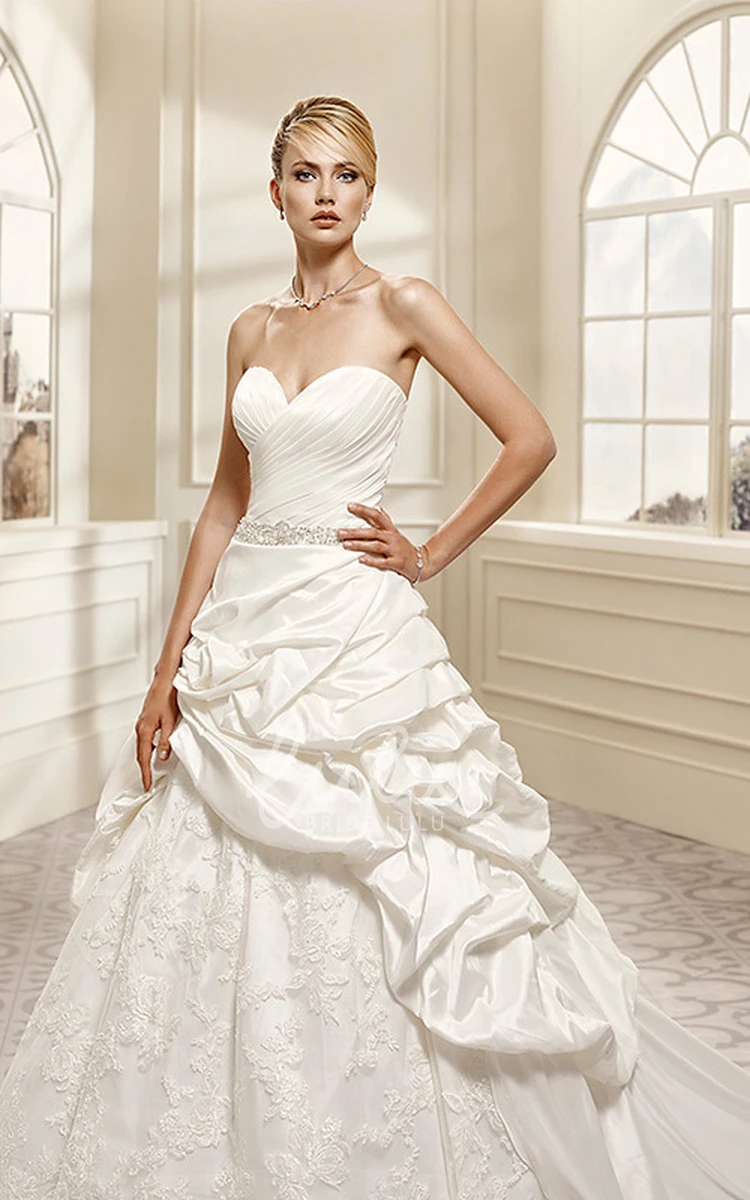 Jeweled Lace&Taffeta Sheath Wedding Dress with Sweetheart Neckline and Pick-Up Skirt