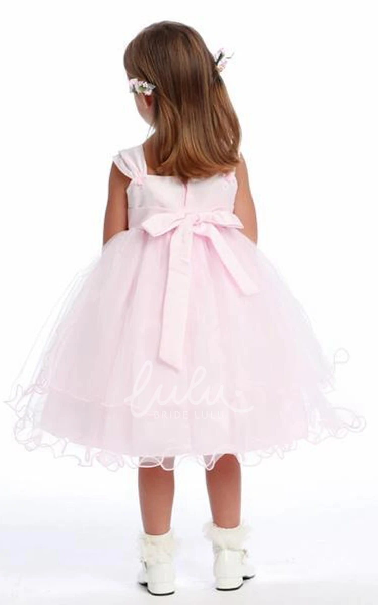 Floral Tulle and Satin Tea-Length Flower Girl Dress Simple Dress for Girls