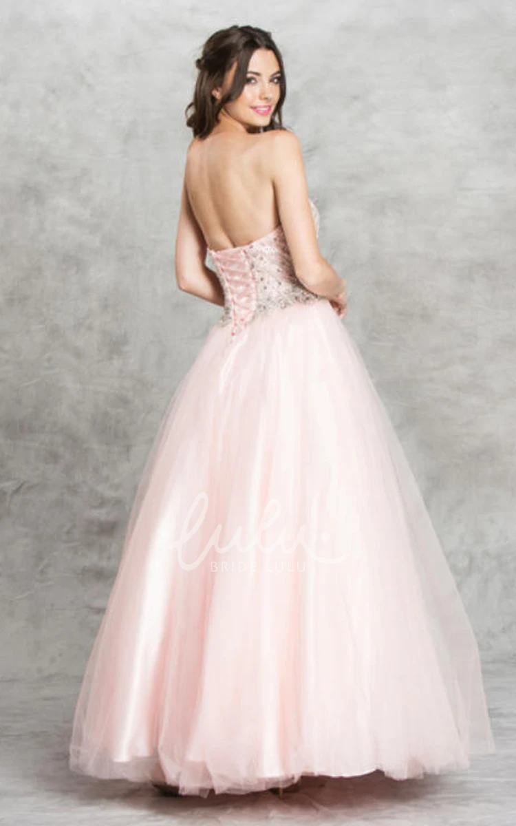 Long Sleeveless Tulle Satin A-Line Formal Dress with Sweetheart Neckline and Beading