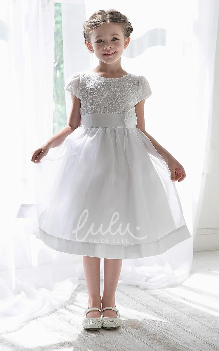 Tiered Lace and Organza Flower Girl Dress Tea-Length with Floral Sash