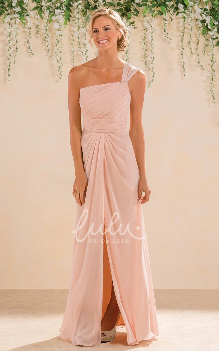 One-Shoulder A-Line Bridesmaid Dress with Front Slit and Pleats Flowy Prom Dress