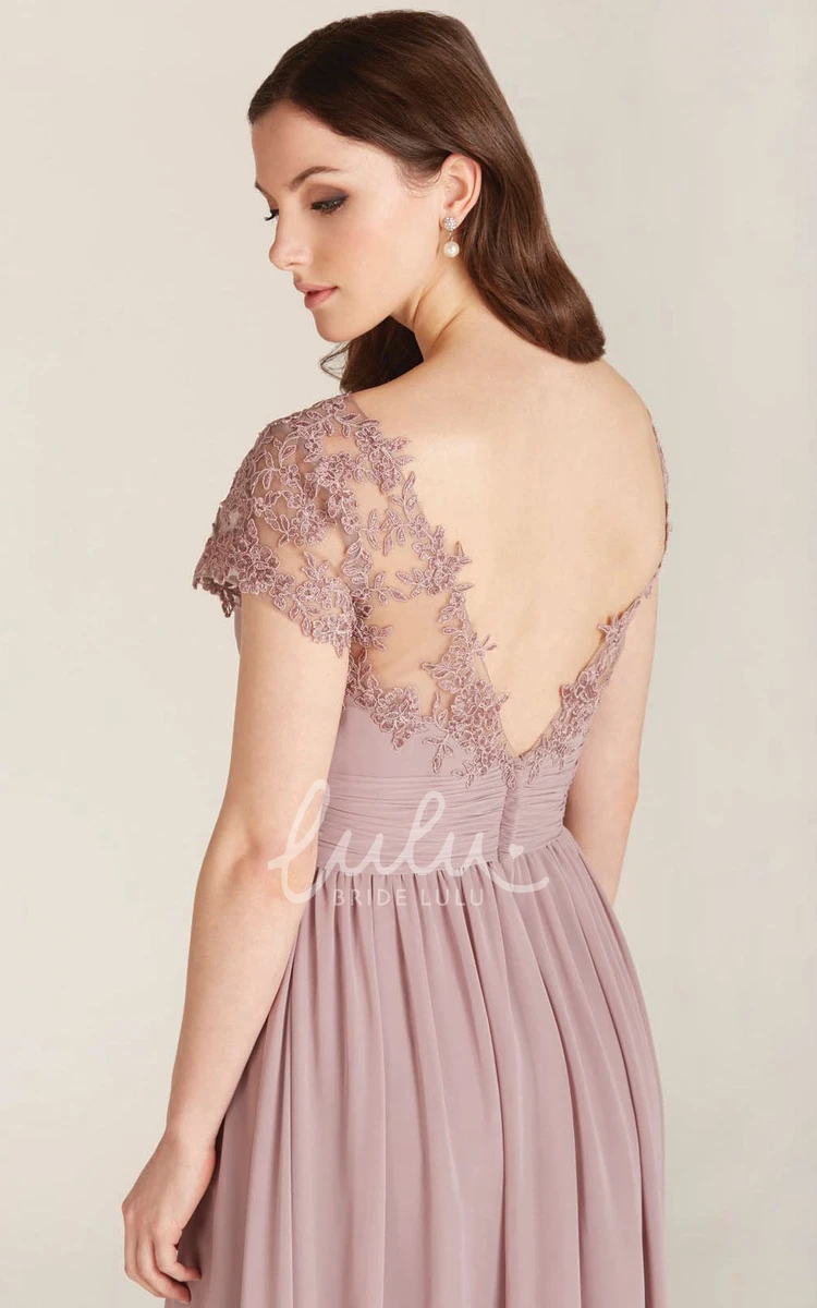 Illusion Sleeve Chiffon Bridesmaid Dress with Applique and Bateau Neck