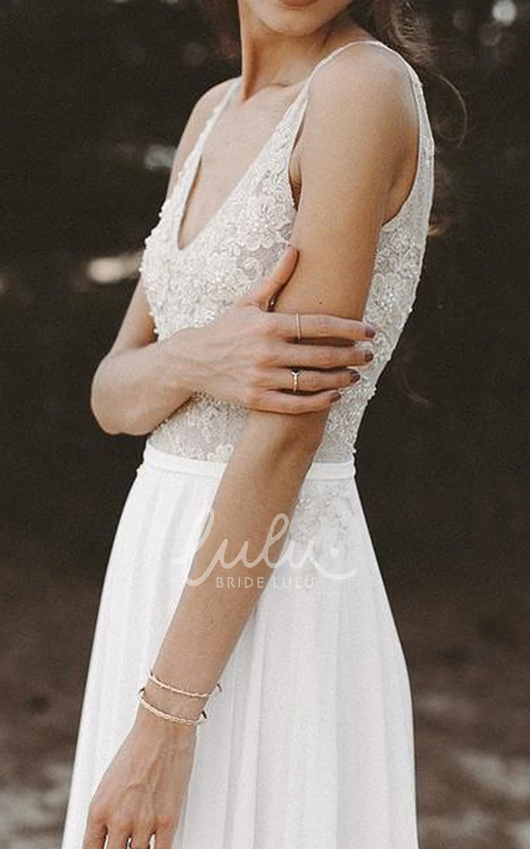 Chiffon Lace Low-V Back Wedding Dress with Beading A-Line Sleeveless Sexy Illusion