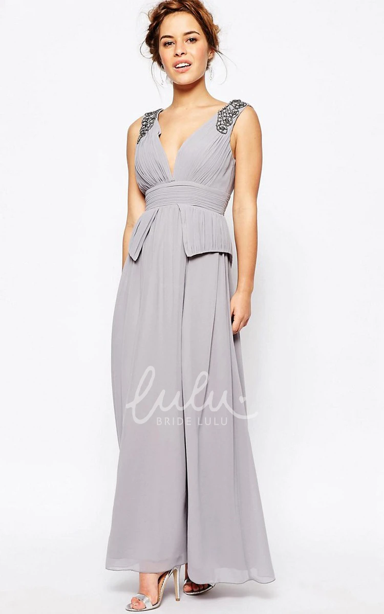 V-Neck Chiffon Bridesmaid Dress with Ruching and Beading A-Line Ankle-Length