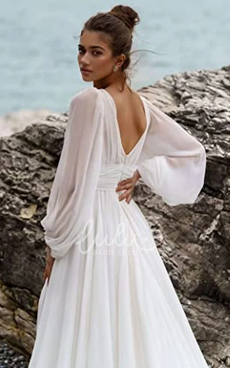Bohemian Chiffon A-Line Wedding Dress with Open Back and Poet Sleeves Beach Garden Style