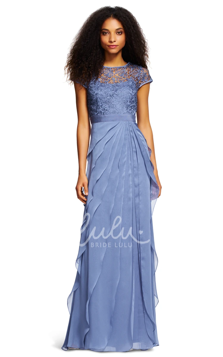 Short-Sleeve Lace Scoop-Neck Chiffon Bridesmaid Dress with Draping and Floor-Length Hem