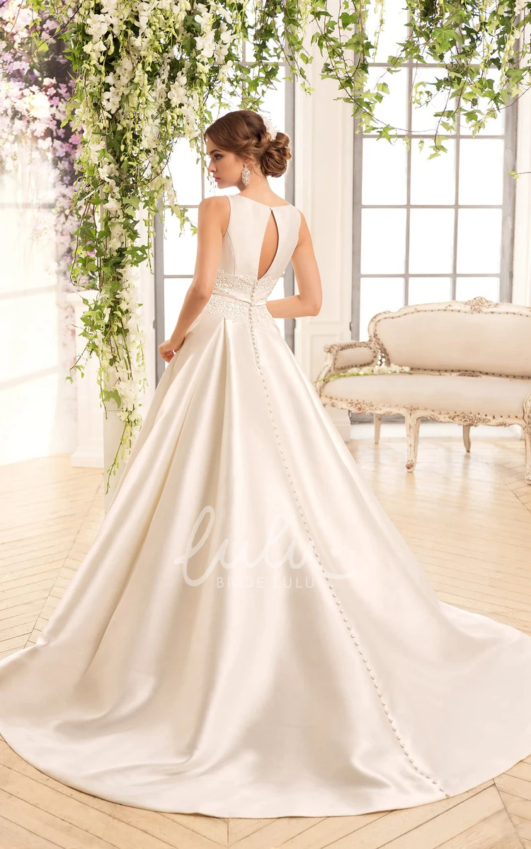 A-Line Satin Floor-Length Sleeveless Wedding Dress with Keyhole