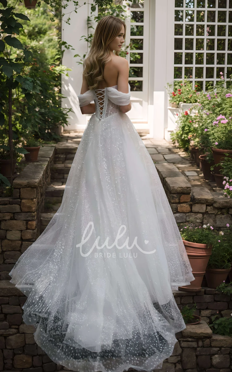 Boho A-Line Off-the-Shoulder Beading Wedding Dress Sparkly Princess Floor-Length Corset Back Bridal Gown