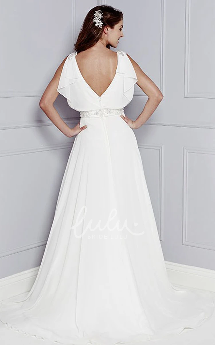 Maxi Chiffon V-Neck Wedding Dress with Beading Draping and V Back