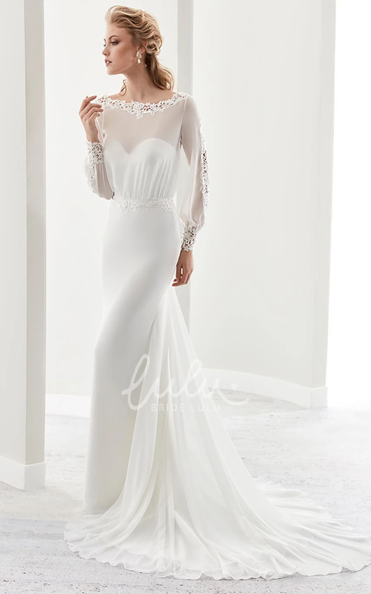 Jewel-Neck Sheath Wedding Dress with Long Sleeves and Illusion Design