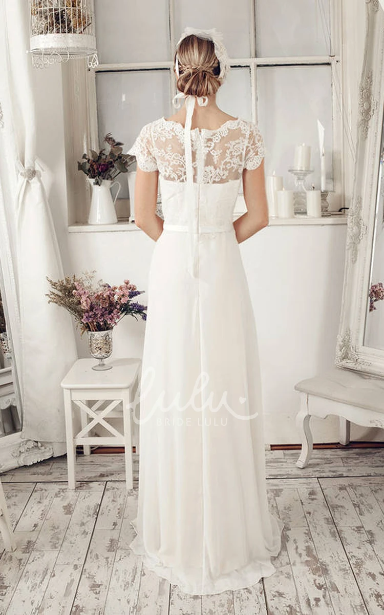 Scoop-Neck Lace and Illusion Sheath Wedding Dress with Cap-Sleeves