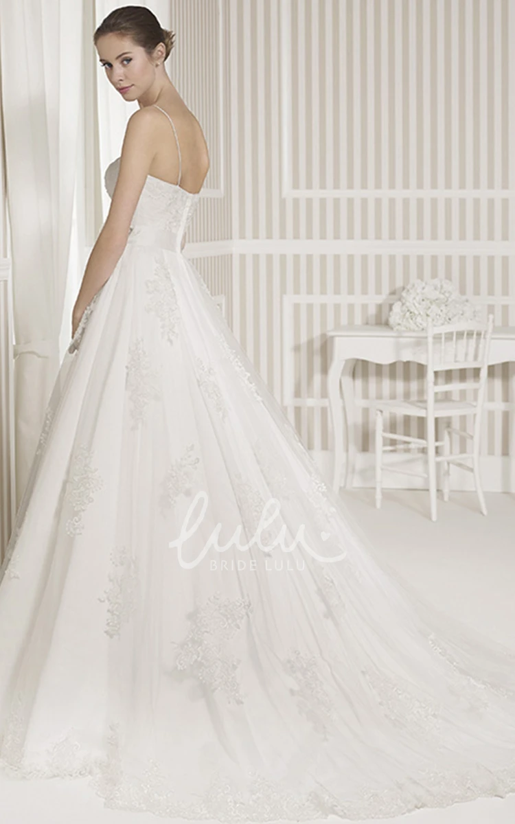 Appliqued Lace Spaghetti Strap Wedding Dress with Court Train Romantic Bridal Gown