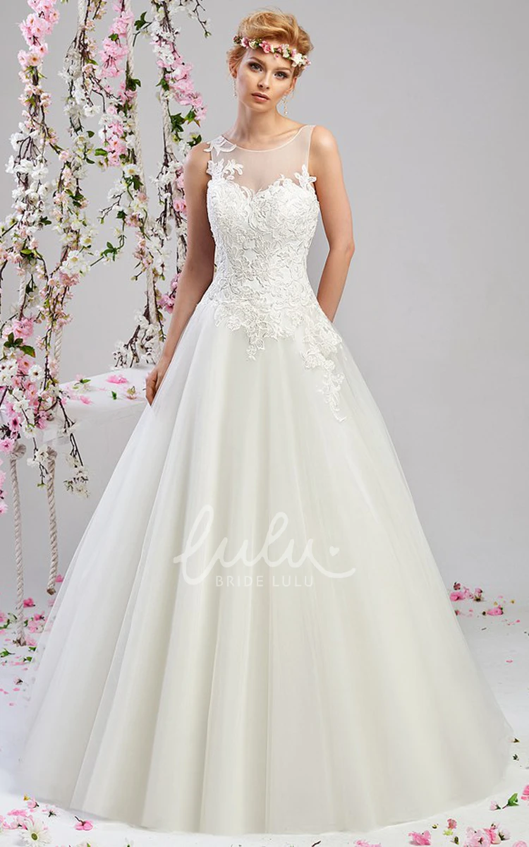 Maxi Scoop-Neck Tulle&Satin Wedding Dress A-Line Sleeveless with Appliques