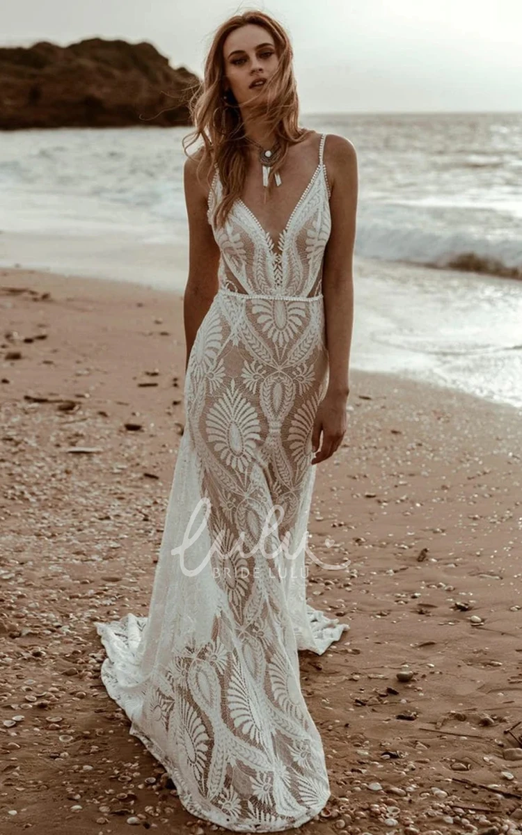 Vintage Elegant Beach Mermaid Boho Lace Wedding Dress with Plunging V-Neck and Court Train