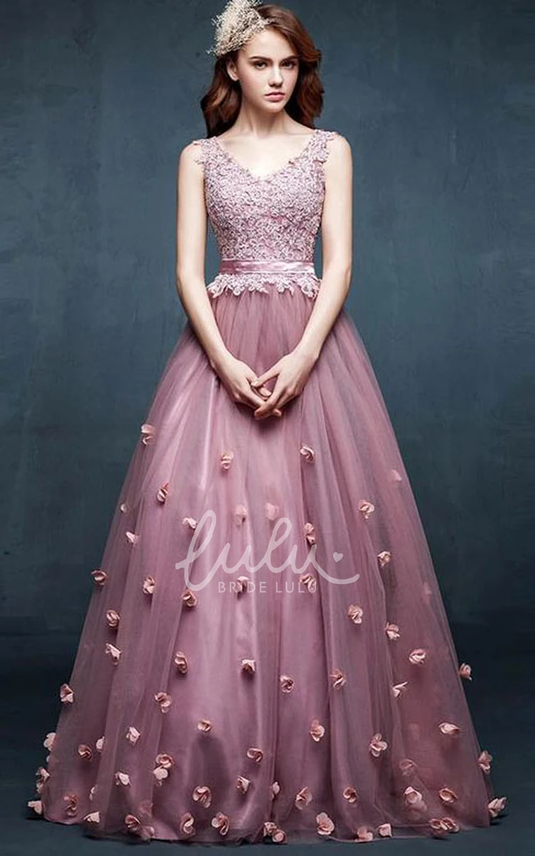 A-line V-neck Tulle Dress with Appliques Flowers Elegant Bridesmaid Dress