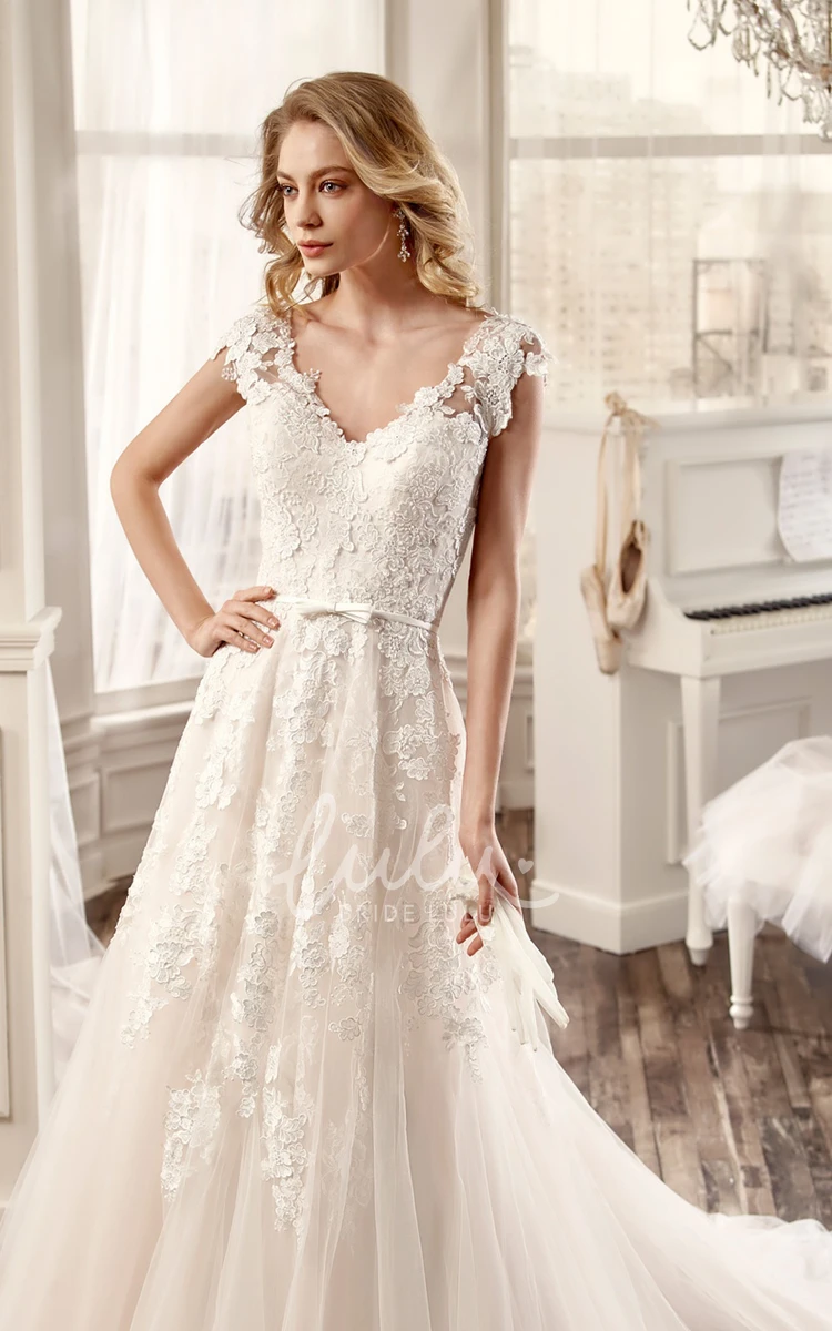 V-Neck Cap-Sleeve Pleating Wedding Dress with Brush Train Unique Bridal Dress