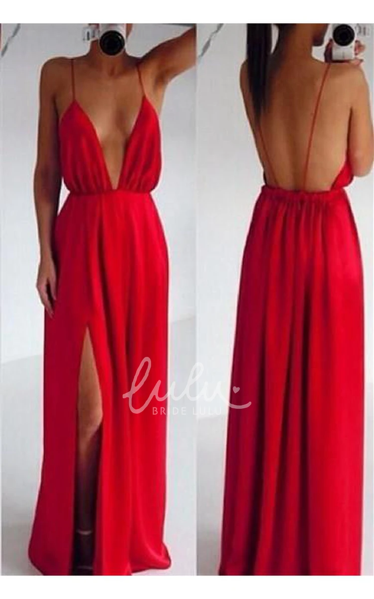 Long Red Prom Dress with Deep V-Neck and Sexy Spaghetti Straps