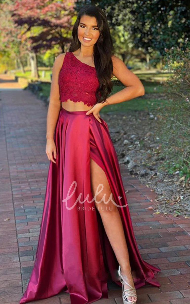Satin One-shoulder Prom Dress with Lace and Split Front