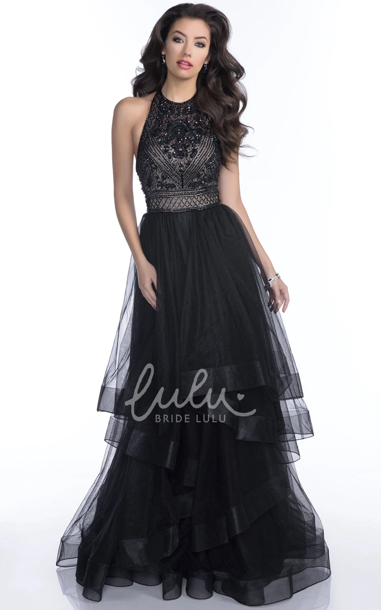 Tulle Layered Open Back Prom Dress with Rhinestones