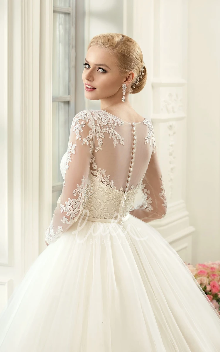 Ball Gown Tulle Lace Dress with Appliques Wedding Dress Jewel Long-Sleeve
