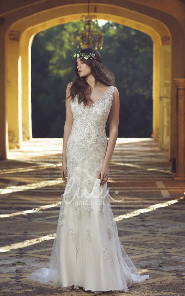 Beaded V-Neck Tulle Wedding Dress with Deep-V Back Sheath Floor-Length