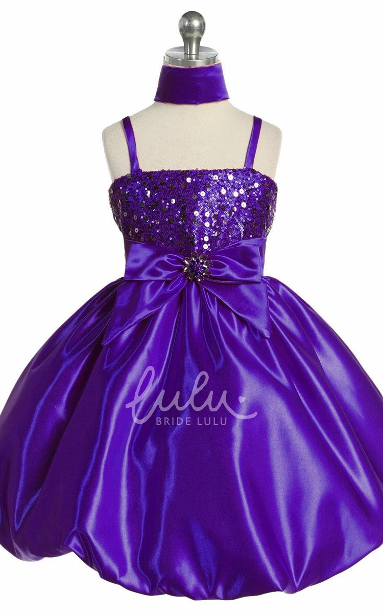 Midi Flower Girl Dress with Spaghetti Straps Cap Sleeves Bows Sequins and Satin with Cape