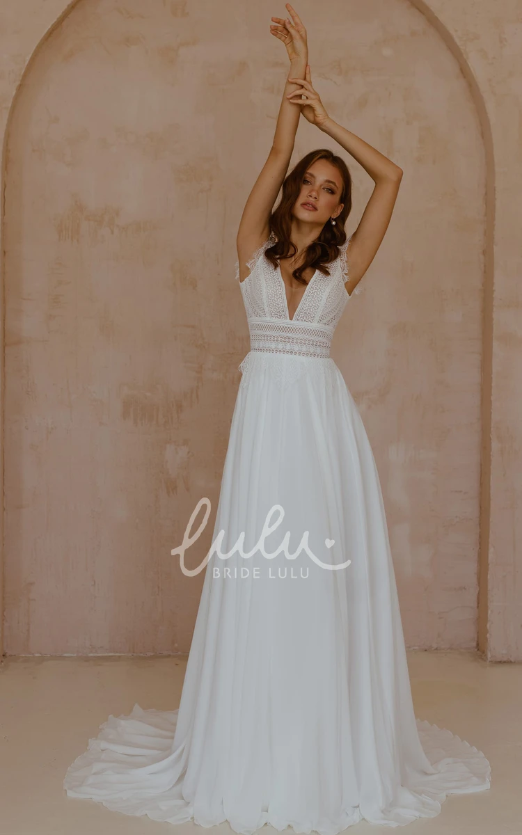 Bohemian Chiffon Lace A-Line Wedding Dress with V-Neck & Short Sleeves