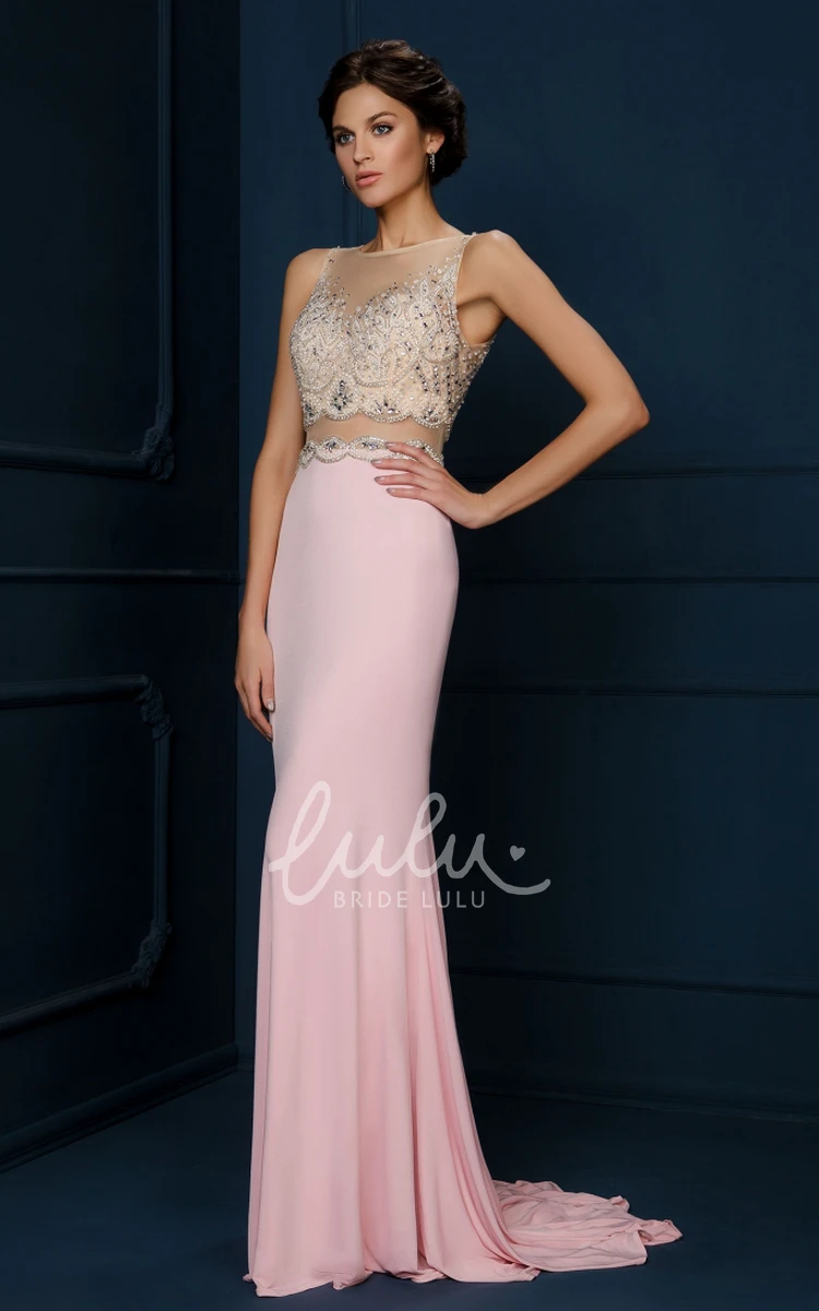 Bateau Neck Chiffon Evening Dress with Appliqued Sheath Silhouette