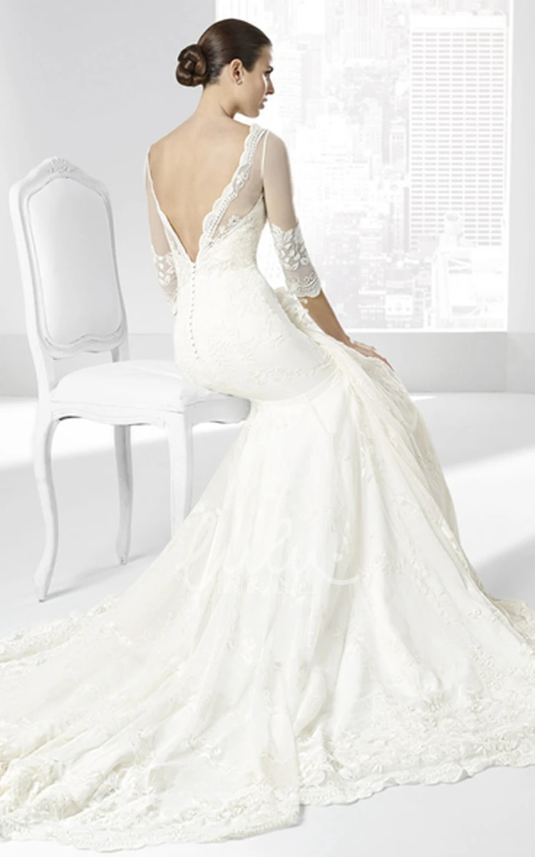 V-Neck Half-Sleeve Lace Trumpet Wedding Dress with Appliques and Deep-V Back Modern Bridal Gown