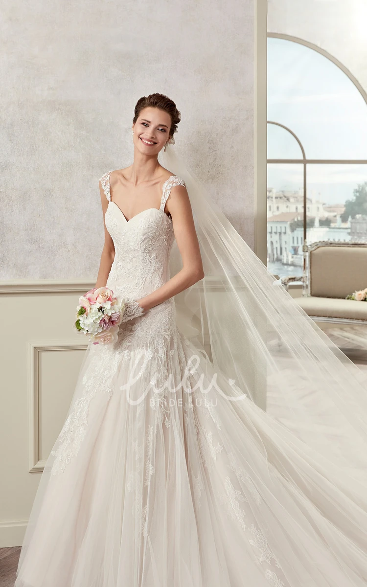 Lace Sweetheart Cap Sleeve Bridal Gown with Applique Straps and Open Back