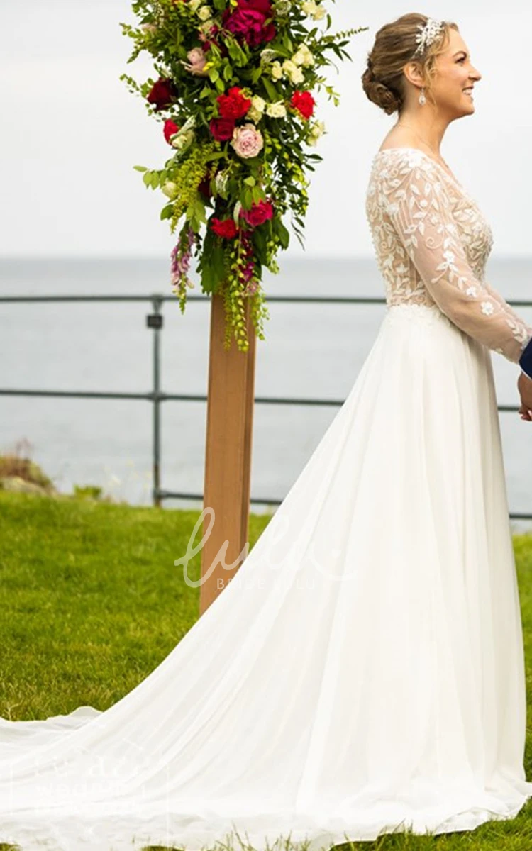 A-Line Chiffon Wedding Dress with Long Sleeves V-neck Sweep Train Charming