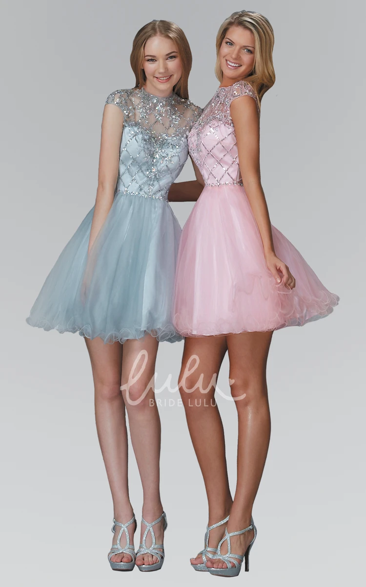 Cap-Sleeve Tulle Ruffle A-Line Homecoming Dress with Jewel Neck