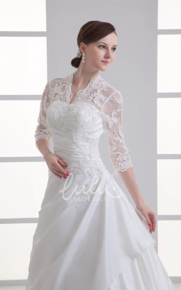 Lace A-line Wedding Gown with Appliques Scalloped-Neck 3/4 Sleeves Bridal Dress