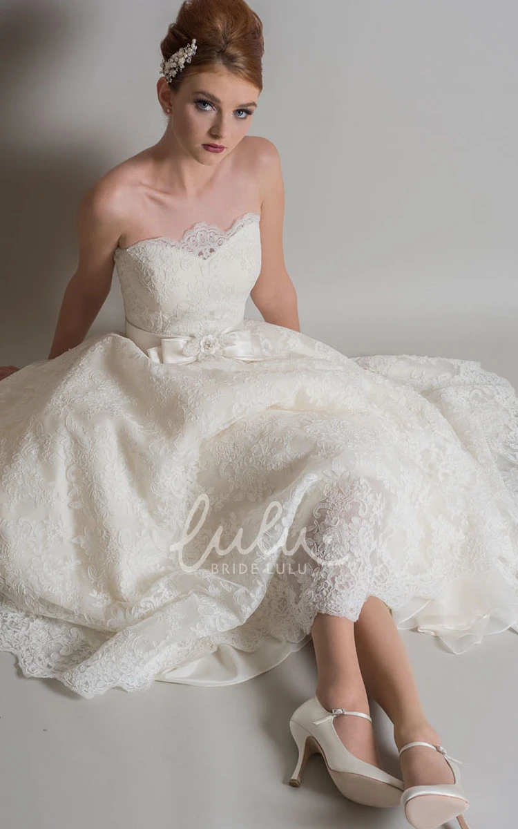 Lace Strapless Ankle-Length A-Line Wedding Dress with Bow Elegant Bridal Gown