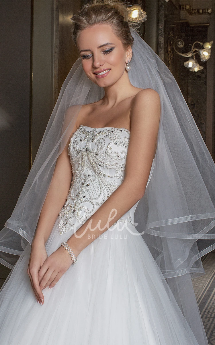 Strapless Beaded Tulle Wedding Dress with Pleats Floor-Length