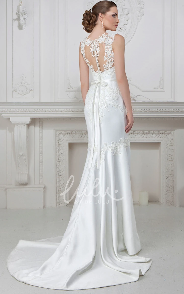 Sleeveless Maxi Jewel-Neck Satin Sheath Wedding Dress Classy Bridal Gown