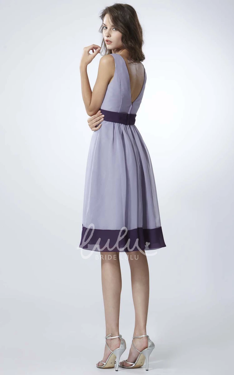 V-Neck Ruched Sleeveless Chiffon Bridesmaid Dress Short Length with V Back