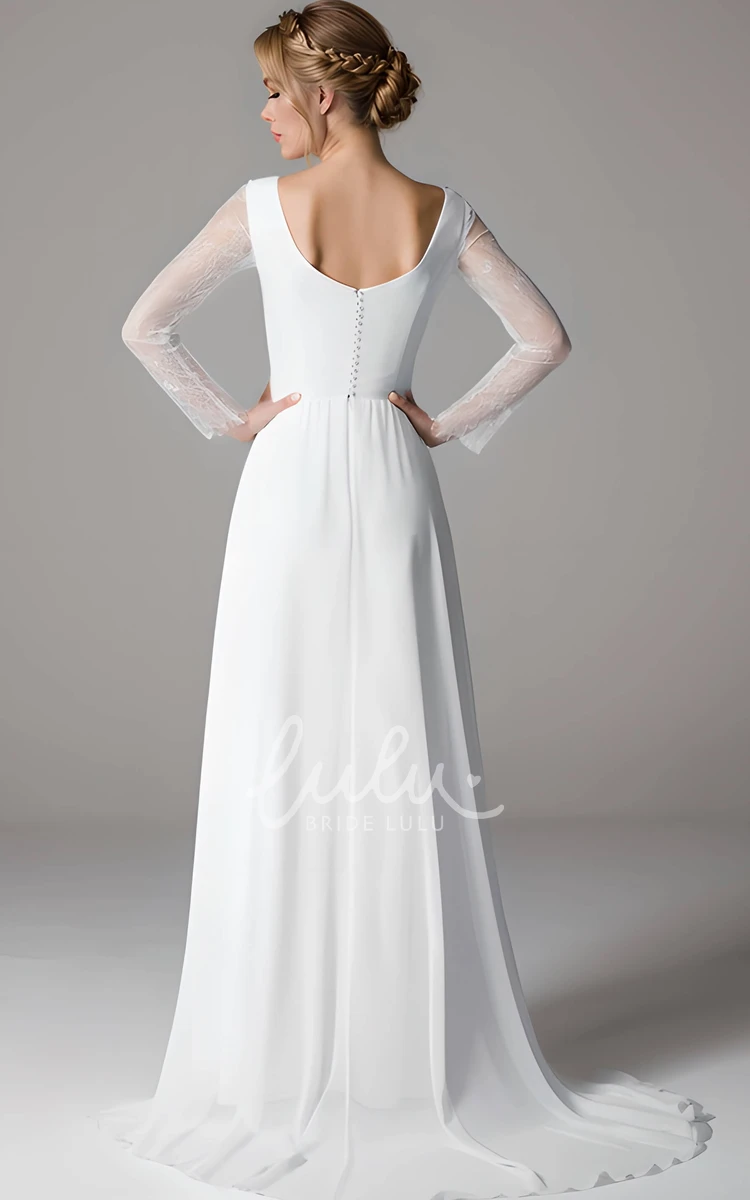 Casual Modest Long Sleeve A-Line Bridal Gown Romantic Beach Country Jewel Neck Wedding Dress with Pearl Button Back